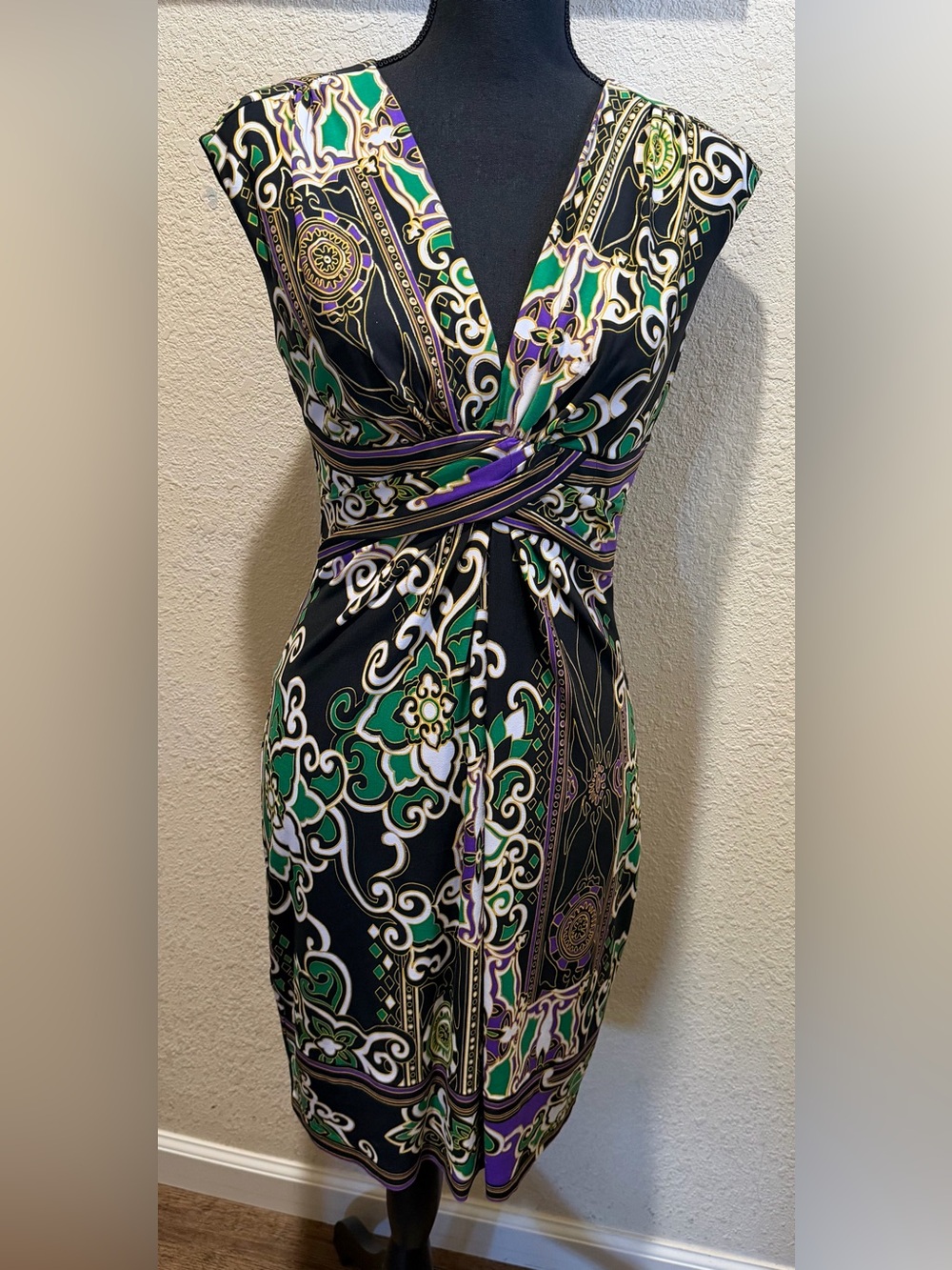 New Cache Black Wrap Midi Dress with Green, Purple & White Baroque Print